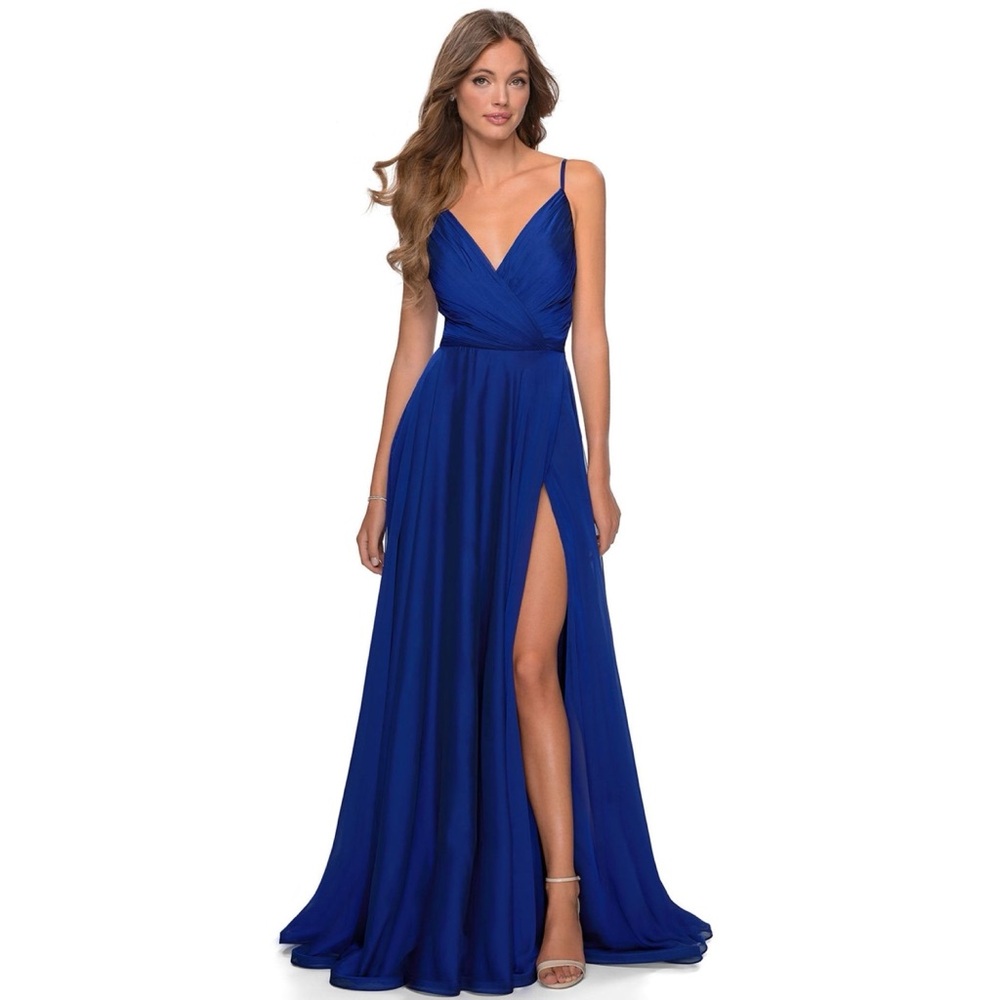 NWT La Femme 28611 Marine Blue Gown Formal Prom Chiffon Sleeveless SZ 10